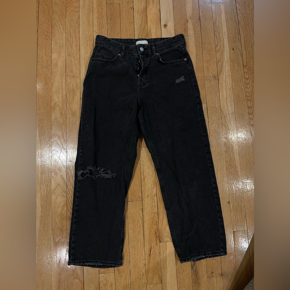 Black distressed straight jeans